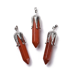 Red Jasper Natural Red Jasper Big Pendants, with Platinum Tone Brass Findings, Cadmium Free & Lead Free, Bullet with Leaf, 53.5~57x14~15x14~15mm, Hole: 7x4mm