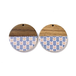Blue Opaque Resin & Walnut Wood Pendants, Flat Round Charms with Flower Pattern, Blue, 35x4mm, Hole: 2mm