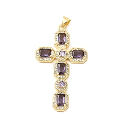 Old Rose Rack Plating Brass Pendants, with Glass Cubic Zirconia, Religion Cross Charm, Cadmium Free & Lead Free, Long-Lasting Plated, Real 18K Gold Plated, Old Rose, 46x26x4mm, Hole: 5X3mm