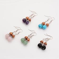 Mixed Stone Natural or Synthetic Natural & Synthetic Mixed Stone Dangle Earrings, with Wood Beads and Metal Findings, 48mm, Pin: 0.6mm