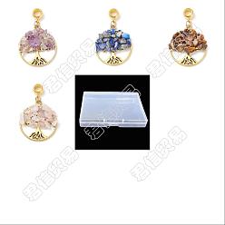 Mixed Stone 20Pcs 4 Styles Natural Mixed Stone Chip European Dangle Charms, Large Hole Pendant, Natural Amethyst & Lapis Lazuli & Tiger Eye & Rose Quartz, with Alloy Findings, Flat Round with Tree of Life, Golden, 39mm, Pendant: 28.5x25x5~7mm, Hole: 4.5mm, 5pcs/style