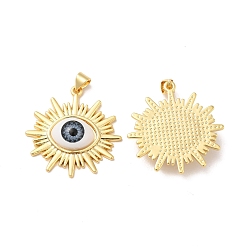 Gray Evil Eye Resin Brass Pendants, Sun Charm, Real 18K Gold Plated, Gray, 29.5x29x6mm, Hole: 5x3mm