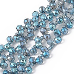 Steel Blue Transparent Electroplate Glass Beads Strands, Faceted, Top Drilled Teardrop, Full Rainbow Plated, Steel Blue, 8x6~6.5mm, Hole: 0.8mm, about 98~100pcs/strand, 18.90~26.77 inch(48~68cm)
