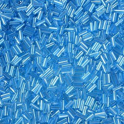 Deep Sky Blue Transparent Colours Luster Glass Bugle Beads, Round Hole, Deep Sky Blue, 3~8x2mm, Hole: 0.7mm, about 450g/pound