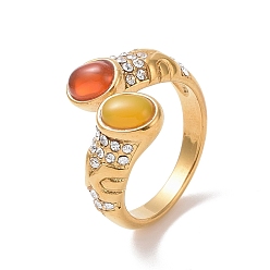 Natural Agate Natural Agate Oval Open Cuff Ring with Crystal Rhinestone, Ion Plating(IP) 304 Stainless Steel Jewelry for Women, Golden, US Size 6(16.5mm)