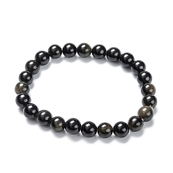 Obsidienne Dorée Bracelets de perles extensibles en obsidienne à reflets dorés naturels, ronde, diamètre intérieur: 2-1/8 pouce (5.5 cm), perles: 8~9 mm