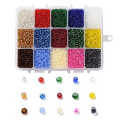 Mixed Color 375G 15 Colors Glass Seed Beads, Transparent Colours, Round, Mixed Color, 8/0, 3~4x2~3mm, Hole: 0.8~1mm, 25g/color