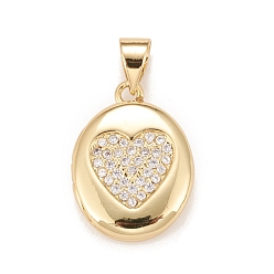 Clear Brass Micro Pave Cubic Zirconia Locket Pendants, Photo Frame Charms for Necklaces, Real 18K Gold Plated, Lead Free & Cadmium Free, Oval with Heart, Clear, 18.5x13.5x4.5mm, Hole: 4x3mm, Inner Diameter: 12x9mm