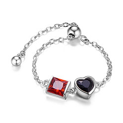 Platinum SHEGRACE Adjustable Rhodium Plated 925 Sterling Silver Finger Ring Chain, with AAA Cubic Zirconia, Prussian Blue Heart and Red Square, Platinum, 60mm