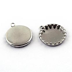 Stainless Steel Color 304 Stainless Steel Pendant Cabochon Open Back Settings, Serrated Edge Bezel Cups, Flat Round, Stainless Steel Color, Tray: 15mm, 20x17x3mm, Hole: 1.5mm