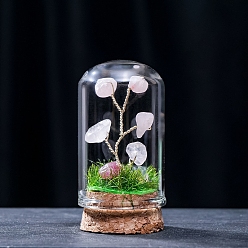 Rose Quartz Natural Rose Quartz Display Decorations, Miniature Plants, with Glass Cloche Bell Jar Terrarium and Cork Base, Tree, 30x57mm