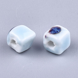 Light Sky Blue Handmade Porcelain Beads, Fancy Antique Glazed Porcelain, Cube, Light Sky Blue, 8x7.5~8x7.5~8mm, Hole: 1.5~2mm