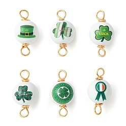 Green Saint Patrick's Day Printed Wood Connector Charms, Golden Tone Copper Wire Wrapped Round Links, Green, 30x15~16mm, Hole: 4.2mm