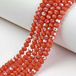Rouge Orange Galvanoplastie opaques couleur unie perles de verre brins, demi arc-en-ciel plaqué, facette, rondelle, rouge-orange, 3x2mm, Trou: 0.8mm, Environ 165~169 pcs/chapelet, 15~16 pouce (38~40 cm)