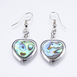 Platinum Abalone Shell/Paua Shell Dangle Earrings, with Brass Findings, Heart, Platinum, 44mm, Pin: 0.7mm