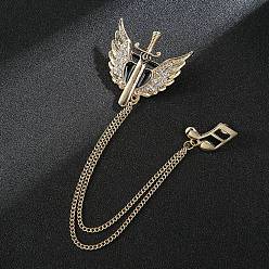 Oro Broche colgante con borla de cadena de nota musical y espada de Ángel, insignia de aleación de diamantes de imitación para chaquetas sombreros bolsos, dorado, 175 mm