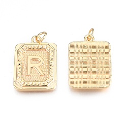 Letter R Brass Pendants, with Jump Rings, Cadmium Free & Nickel Free & Lead Free, Rectangle with Letter, Real 18K Gold Plated, Letter.R, 22.5x16x2mm, Jump Ring: 5x1mm, 3mm inner diameter