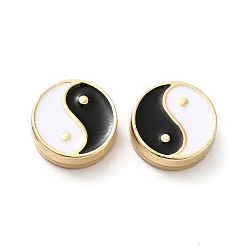 Negro Cuentas de esmalte de aleación de chapado en rack, plano y redondo con patrón de yin yang, dorado, negro, 11x4 mm, agujero: 1.6 mm