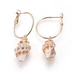 Golden Brass Hoop Earrings, Dangle Earrings, with Shell, Golden, 53~56mm, Shell: 24~26x13~15mm, Pin: 0.6mm
