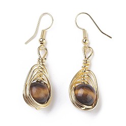 Tiger Eye Natural Tiger Eye Dangle Earrings, with Brass Findings, 44~47mm, Pin: 0.7mm