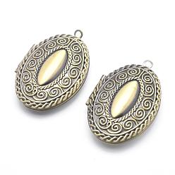 Brushed Antique Bronze Brass Locket Pendants, Photo Frame Charms for Necklaces, Cadmium Free & Nickel Free & Lead Free, Oval, Brushed Antique Bronze, 42.5x27x10mm, Hole: 2mm, Inner Size: 18x29mm