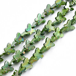 Green Natural Freshwater Shell Beads Strands, AB Color Plated, Dyed, Butterfly, Green, 10~11x12.5~13.5x3mm, Hole: 0.7mm, about 38~39pcs/strand, 12.80 inch~12.99 inch(32.5~33cm)