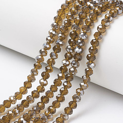 Dark Goldenrod Electroplate Transparent Glass Beads Strands, Half Gray Plated, Faceted, Rondelle, Dark Goldenrod, 4x3mm, Hole: 0.4mm, about 123~127pcs/strand, 16.5~16.9 inch(42~43cm)