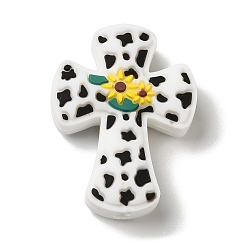 White Cross with Sunflower Food Grade Silicone Focal Beads, Silicone Teething Beads , White, 30x22x8mm, Hole: 3mm