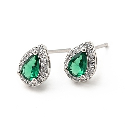 Platinum Green Cubic Zirconia Teardrop Stud Earrings, Rack Plating Brass Jewelry for Women, Platinum, 9x7mm, Pin: 0.8mm