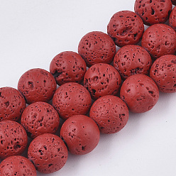 Красный Бусы из натуральной лавы, окрашенные распылением, круглые, красные, 6~7 мм, отверстие : 0.7 мм, около 59~62 шт / нитка, 15.75 дюйм (40 см)