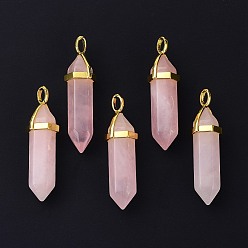 Quartz Rose Naturelle quartz rose a pendentifs, avec pendentif en laiton aléatoire bails à capuchon hexagonal, or, balle, 38.5~40x12~12.5x10~11mm, Trou: 3x4.5mm