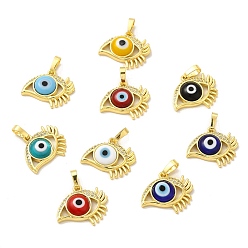 Mixed Color Rack Plating Brass Micro Pave Clear Cubic Zirconia Pendants, with Handmade Evil Eye Lampwork, Cadmium Free & Lead Free, Long-Lasting Real 18K Gold Plated, Eye Charm, Mixed Color, 17x19.5x5mm, Hole: 6x3mm
