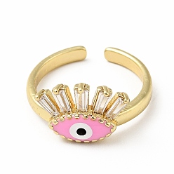 Pearl Pink Enamel Horse Eye Open Cuff Ring with Clear Cubic Zirconia, Gold Plated Brass Jewelry for Wome, Lead Free & Cadmium Free, Pearl Pink, US Size 6 1/2(16.9mm)