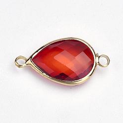 Red Brass Glass Links connectors, Faceted, teardrop, Light Gold, Red, 14x25.5x5mm, Hole: 2mm