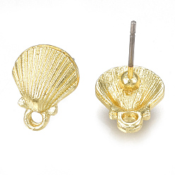 Light Gold Alloy Stud Earring Findings, with Loop, Steel Pins, Shell, Light Gold, 12x9.5mm, Hole: 1.4mm, Pin: 0.7mm