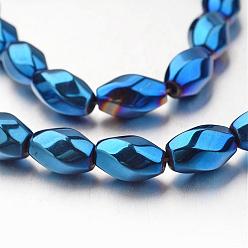 Blue Plated Electroplate Non-magnetic Synthetic Hematite Beads Strands, Twisted Oval, Blue Plated, 12x8~9mm, Hole: 1mm, about 33pcs/strand, 15.7 inch
