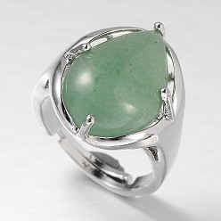 Зеленый Авантюрин Регулируемые широкие кольца из латуни с драгоценными камнями в виде слезинки платинового тона, зеленый авантюрин, 18 мм, лоток : 20x17 мм