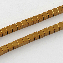 Plateado en Oro No magnéticos hematites sintética hebras, Grado A, cubo, oro chapado, 2x2x2 mm, agujero: 1 mm