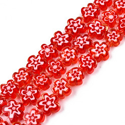 Red Handmade Millefiori Glass Bead Strands, Plum Bossom, Red, 7~9x7.5~9x2.5~3mm, Hole: 1mm, about 52~54pcs/strand, 15.75 inch~15.94 inch(40~40.5cm)