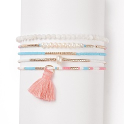 Couleur Mélangete Ensembles de bracelets extensibles en perles de verre, bracelets à breloques en perles et polycoton pour femmes, couleur mixte, diamètre intérieur: 2~2-1/8 pouce (5~5.5 cm), 5 pièces / kit