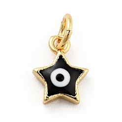 Negro Colgantes de esmalte de latón chapado en rack, con anillos de salto, sin plomo y cadmio, real 18 k chapado en oro, estrella con mal de ojo, negro, 9.5x7.5x2.6 mm, agujero: 3 mm