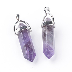 Amethyst Natural Amethyst Double Terminated Pointed Pendants, with Platinum Tone Alloy Findings, Bullet, 41~43x8.5x7.5mm, Hole: 3.5x4.5mm