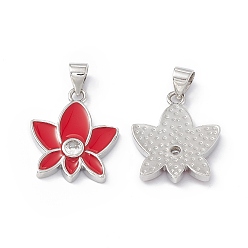 Red Rack Plating Brass Enamel Pendants, Micro Pave Clear Cubic Zirconia, Long-Lasting Plated, Lead Free & Cadmium Free, Platinum, Lotus Charm, Red, 19x16x3mm, Hole: 4x3.5mm