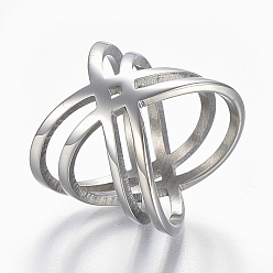 Stainless Steel Color 304 Stainless Steel Finger Rings, Wide Band Rings, Criss Cross Ring, Double Rings, X Rings, Hollow, Stainless Steel Color, 16~19mm