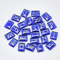 Bleu Peint à la bombe cabochons de verre, rectangle avec runes / futhark / futhorc, bleu, 19~20x14~15x4.5~6 mm, 25 pcs / set