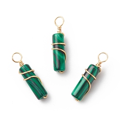 Malachite Synthetic Malachite Pendants, with Golden Tone Copper Wire Wrapped, Column Charm, 18.5~20x5~5.5mm, Hole: 2.5mm