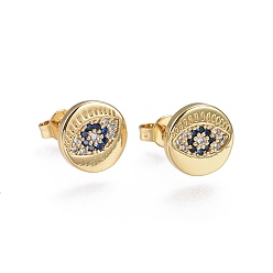 Colorful Brass Micro Pave Cubic Zirconia Stud Earrings, Flat Round with Evil Eye, Golden, Colorful, 13.8x9.8x2mm, Pin: 0.7mm