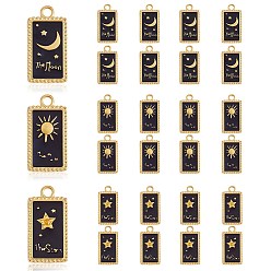 Noir 24 pcs 3 style rack placage pendentifs en émail en alliage d'or, sans cadmium et sans plomb, rectangle avec soleil & étoile & lune, noir, 23x12x2mm, Trou: 2mm, 8 pcs / style