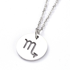 Scorpio 304 Stainless Steel Pendant Necklaces, with Cable Chains and Lobster Claw Clasps, Flat Round with Twelve Constellations, Stainless Steel Color, Scorpio, 17.7 inch(45cm), 2mm