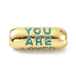 Dark Cyan Eco-Friendly Brass Enamel Beads, Long-Lasting Plated, Real 18K Gold Plated, Oval with Word You Are, Dark Cyan, 17.5x7mm, Hole: 3mm